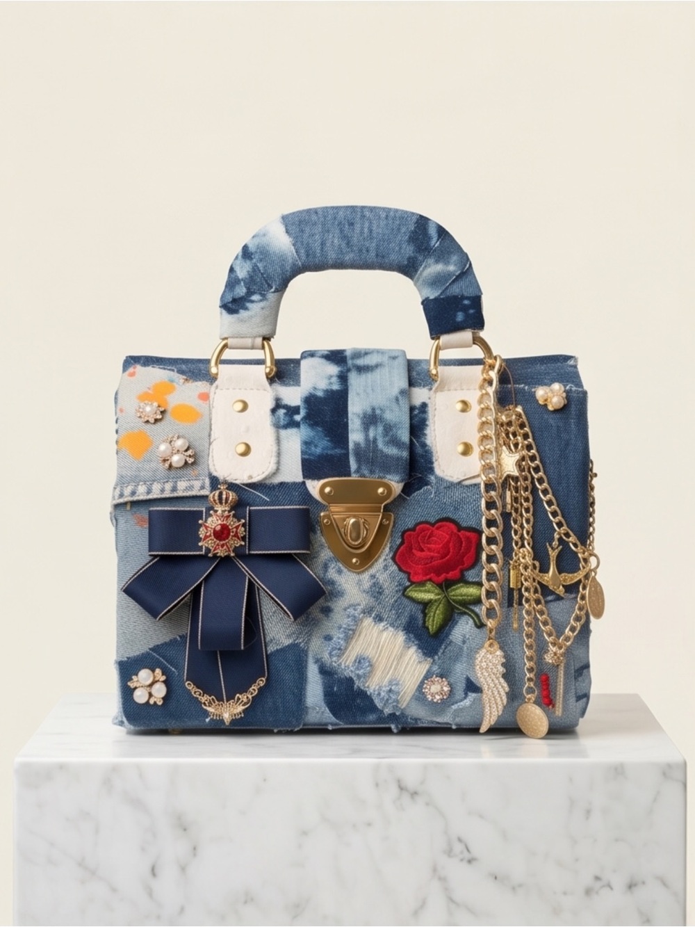 Up cycled vintage bag Now Denim Embellished Satchel Handbag in Blue.
